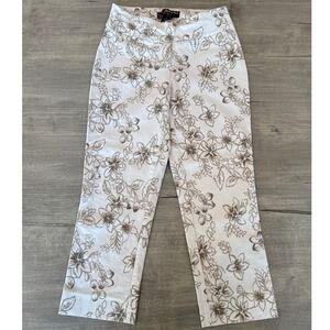 Peck & Peck Floral Print Pants Cropped Career Casual Beige White Preppy Womens 4